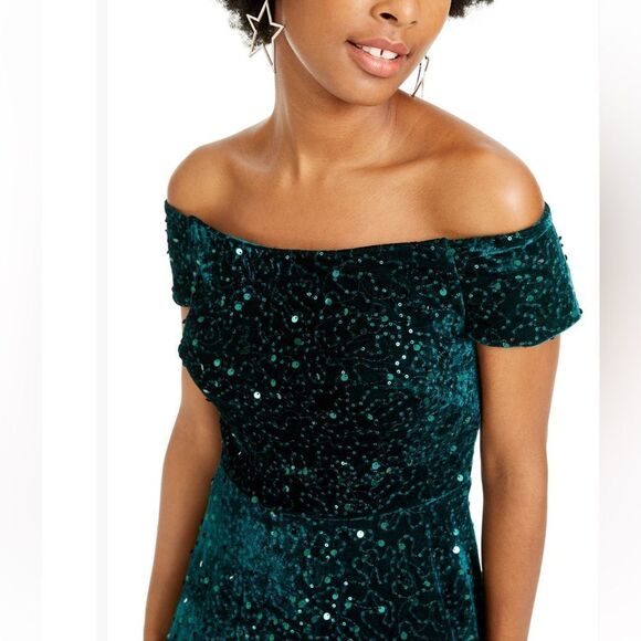 MORGAN & CO Green Velvet Sequined Off-the-Shoulder Fairy Dress 3 - Picture 4 of 15